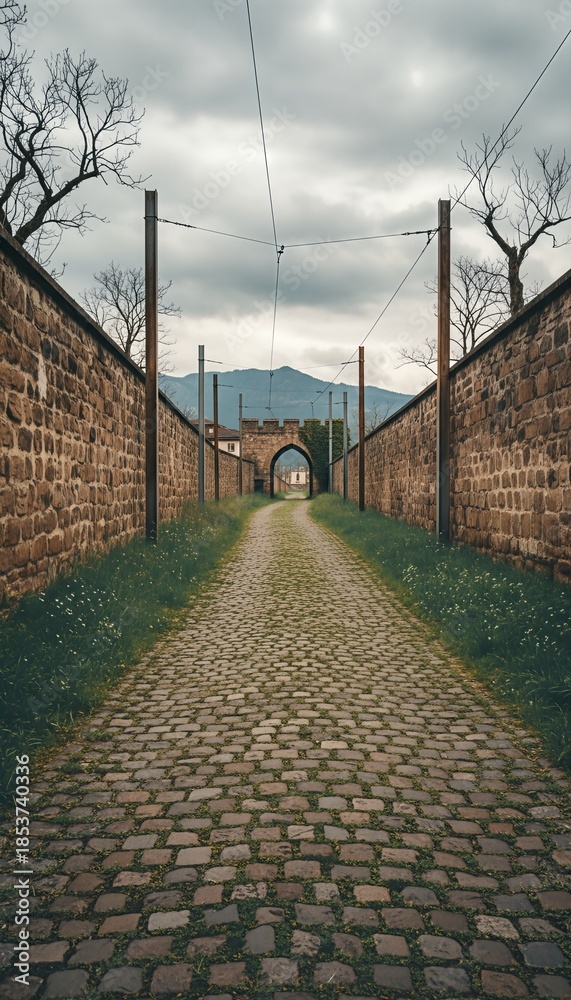 Obraz premium Cobblestone path leads to an old archway through ancient stone walls, flanked by bare trees and utility poles, under a dramatic cloudy sky with distant mountains.
