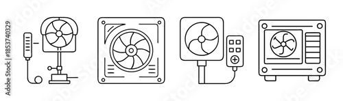 Outline vector icons illustrating various types of cooling and ventilation fans for diverse applications
