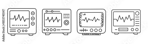 Collection of outline medical monitors showing heart rhythm and vital signs