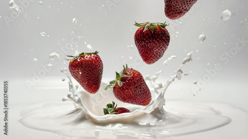 Fresh Strawberries Splashing into Creamy Milk - A Delicious Moment.