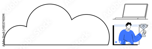 Cloud outline with digital elements including a laptop and a person holding a trophy. Ideal for cloud services, online achievements, digital innovation, remote work, technology solutions, data