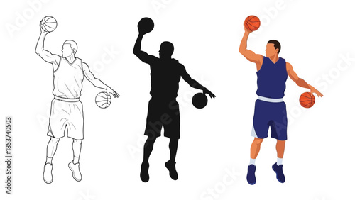 Set of three basketball player illustrations in different styles outline sketch, solid silhouette and full color vector graphic, performing a jump shot or layup