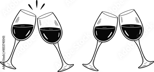 Wine glass toasting celebration set, black and white hand drawn sketches for party and events