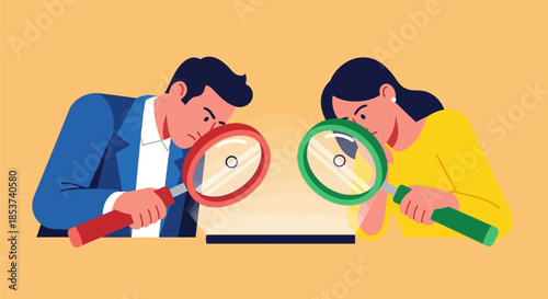 Man and Woman Examining Documents with Magnifying Glasses.