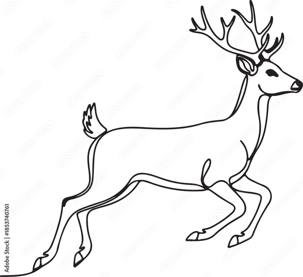 Fototapeta premium Continuous single line art drawing of a running deer with antlers.