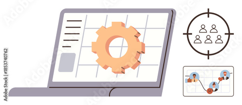 Laptop with gear on grid, target icon indicating audience focus, networked team image. Ideal for process management, digital strategy, workflow, targeting, teamwork, project optimization simple flat