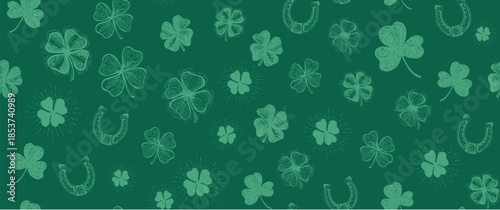 St. Patricks Day, clover pattern on green. Hand drawn illustrations	
