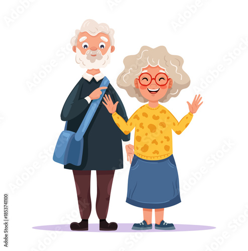 Cute illustration of smiling grandparent couple enjoying quality time together, cheerful cartoon depicting happy elderly family moments. Vector cartoon illustration