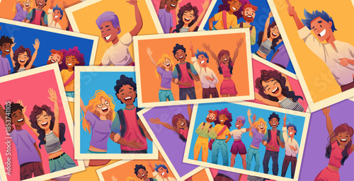 Photo frames set. Colorful flat design showing friends and colleagues capturing moments with smartphone. Happy characters creating album memories during vacation and celebrations.