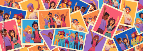 Photo frames set. Colorful flat design showing friends and colleagues capturing moments with smartphone. Happy characters creating album memories during vacation and celebrations.