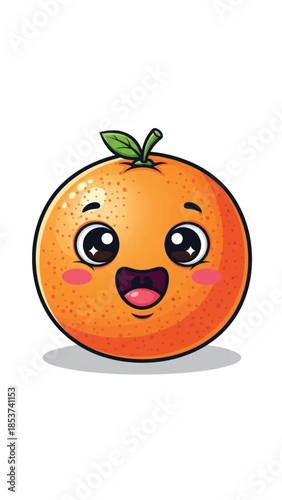 Playful smiling orange cartoon character with cheerful expression and leafy stem in a bright illustration.