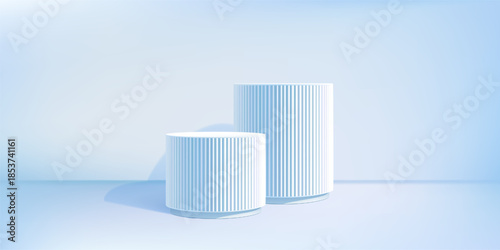Blue bg limbo, 3d podium product sale. Round stage ribbed base box, Discount giveaway light cylinder platforms. Cosmetic stand display, winner sky studio pedestal. Abstract vertical line elegant stair