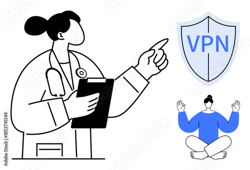 Data protection, online security, mindfulness, healthcare technology, personal well-being, digital safety. Doctor pointing at VPN shield and meditating individual. Data protection and mindfulness