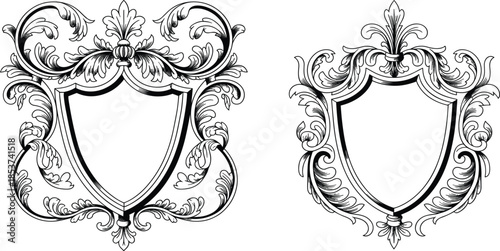 Ornate heraldic shield frames set, vintage baroque crest illustrations with floral filigree and acanthus leaves