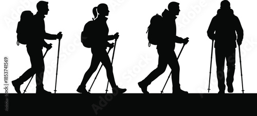 Hiking people silhouettes with backpacks and trekking poles walking outdoors isolated on white background adventure travel lifestyle exploration illustration stock vector design