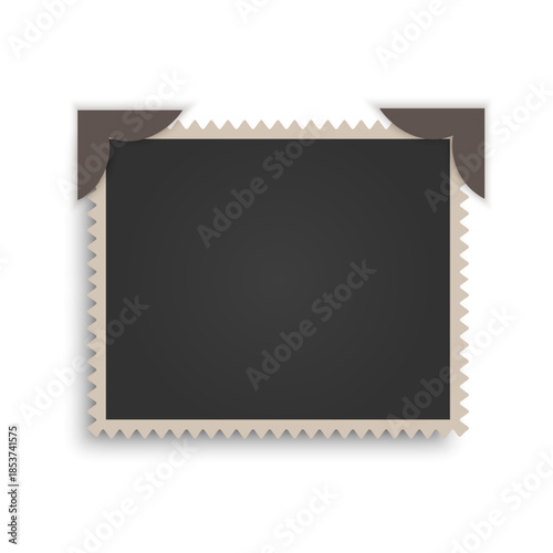 Vintage blank photo frame with scalloped edges and corner holders, vector illustration isolated on white