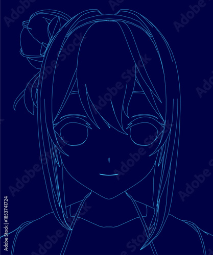 A blue anime girl's head in contour line art, featuring long flowing hair against a dark blue background.