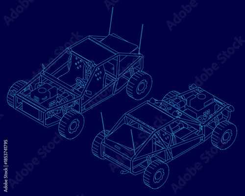 Blueprint of a dune buggy on a blue background, featuring the vehicle's detailed contour and technical design set for automotive projects. Isomatric view