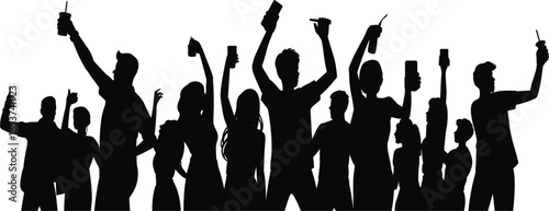 Crowd of people at concert silhouette, hands holding smartphones and drinks at music festival event