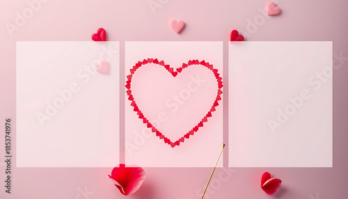 Valentine themed design layout featuring a heart shaped frame made of small red hearts with three blank copy space panels on a soft pink background for romantic templates and mockups.