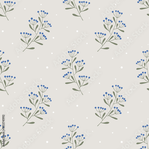 Blue berries doodle twigs pattern, on winter background. Hand drawn branches, boho style.
