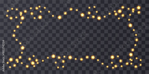 Light garland winding frame. Fairy shiny star string as decor border. Vector transparent bulb festoon, holiday party invitation. Christmas golden glitter ribbon wreath, festive ramadan kareem pattern.