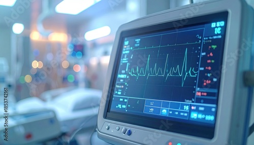 Close-up of a modern vital signs monitor in a hospital.