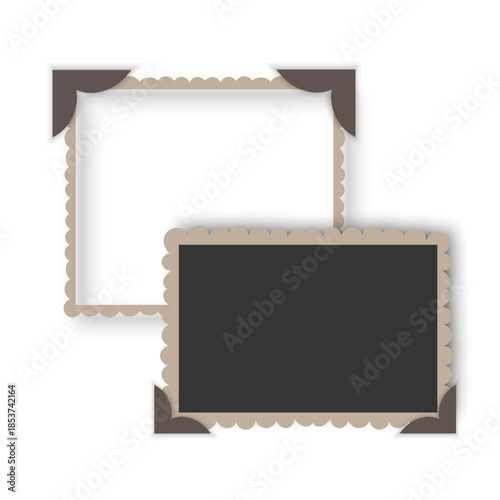 Vintage blank photo frame with scalloped edges and corner holders, vector illustration isolated on white