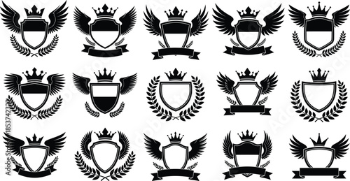 Collection of heraldic shield crests with royal crowns black wings laurel wreaths and blank ribbon banners for logo design.