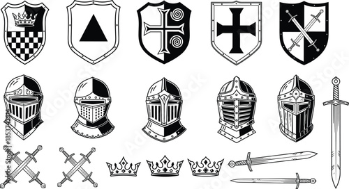 Medieval knight vector set with black and white shields knight helmets crossed swords royal crowns and chess game icons.