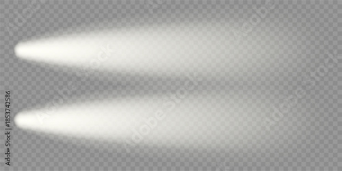 Car night lighting effect, top view. Front headlight flare. Led beam isolated on dark bg. Spotlight lamps illuminate black road. White flash glow on train head. Bright race vehicle, truck spots glare