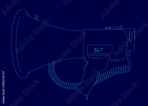 A blue megaphone with a cord lies on a dark blue background, its clean contour creating a bold graphic silhouette.