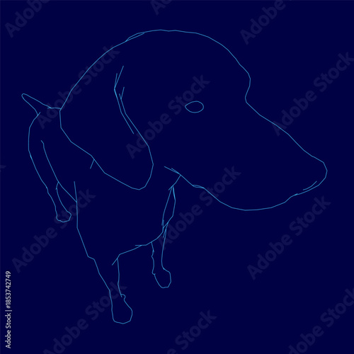 A blue line drawing of a dachshund dog, featuring a clean contour style on a solid dark blue background.