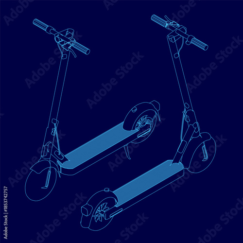Two sleek electric scooters with black frames and white seats are outlined in a detailed blueprint. Silver wheels and curved handlebars emphasize their modern, comfortable design against a stark blue.