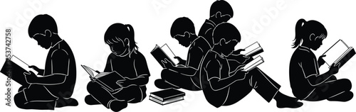 Children reading books together, black silhouette illustration, kids studying and learning, education concept, childhood development, group reading activity, knowledge and imagination theme