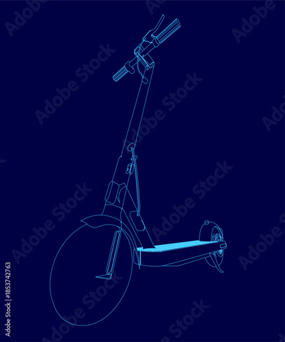A sleek blue electric scooter with a curved handlebar and large central wheel stands out against a dark blue background.