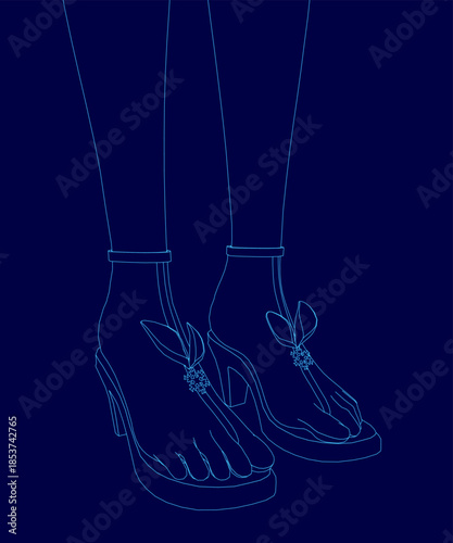 A young woman's legs and blue shoes are depicted in a clean contour drawing. The pointed-toe flats feature laced bows, complementing her neat bun and serene expression.