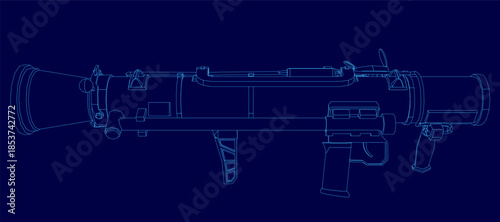 Detailed blueprint of a hand-held grenade launcher, showing its mechanical contour and internal components against a stark blue background.