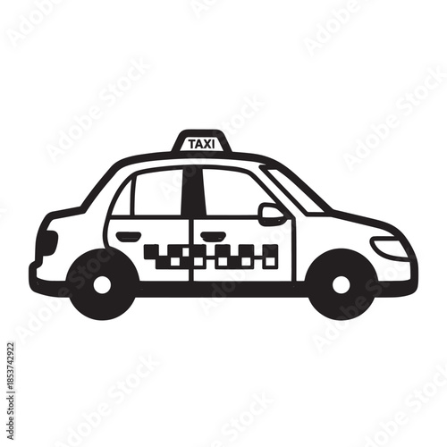Simple black and white taxi cab illustration depicting urban transportation and street scene.