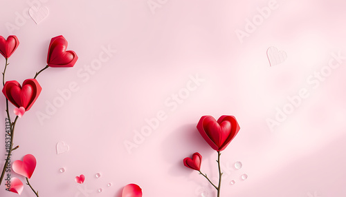 Red heart shaped flowers arranged on a soft pink background with copy space expressing love romance valentine and gentle romantic mood.