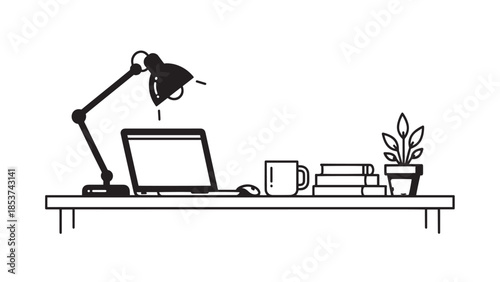 Minimalist desk workspace featuring laptop lamp mug and a potted plant.