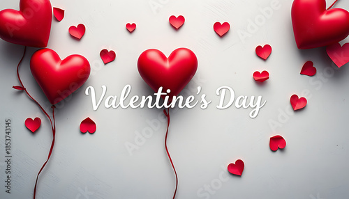 Red heart balloons and scattered heart shapes surrounding a Valentines Day message on a light neutral background expressing love romance and holiday celebration.