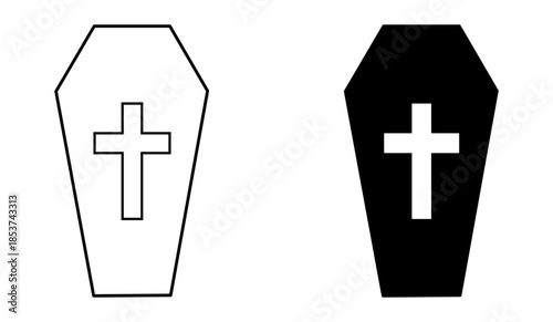 Set of coffin icons with christian cross for funeral and Halloween isolated on transparent vector