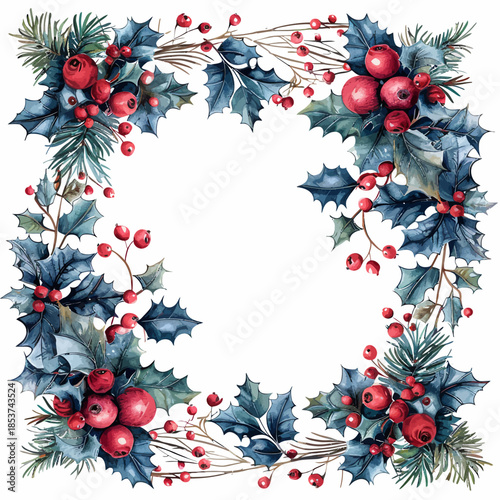 Vector Christmas Holly Berries and Pine Sprigs Border Frame