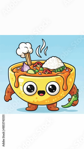 Colorful Animated Cooking Pot Mascot with Vegetables and Steam.
