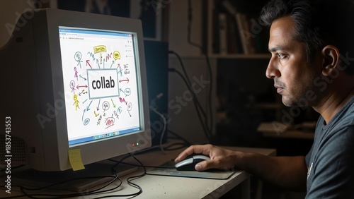 Man working on computer focused on collaboration concept diagram  
