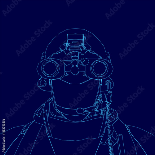 A soldier in full uniform is depicted in a minimalist blue line drawing. The detailed contour illustration features a helmet and goggles against a dark background.