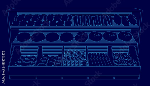 A blue and white contour illustration depicts a bakery display case filled with various products. The baked goods are neatly arranged on store racks against a deep blue background.