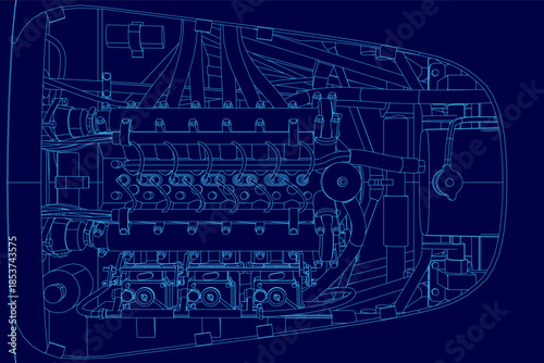 Detailed blueprint of a high-performance sports car engine, featuring intricate mechanical contours and technical schematics on a solid blue background.