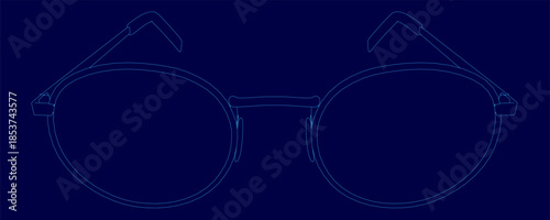 A pair of classic round sunglasses with a thin frame and slightly tinted lenses is outlined in a simple contour drawing. The curved arms rest against a solid blue background for stark contrast.